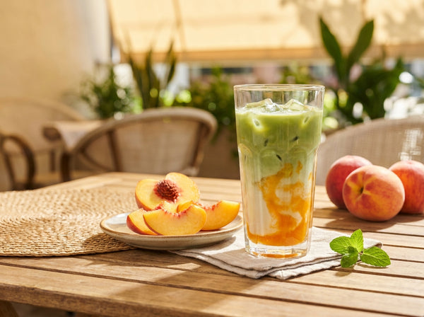 Iced matcha latte with peach syrup