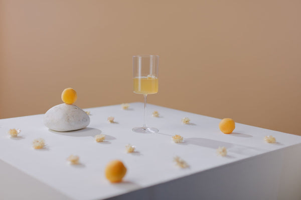 Elegant still life featuring a glass of drink with fruits and flowers on a white table.