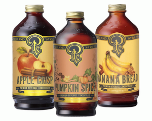 Three bottles of Portland Syrups arranged together on a white background: Apple Crisp, Pumpkin Spice, and Banana Bread.