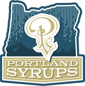 The Portland Syrups logo is a gold P with a rainy mountain background outlined by the state of Oregon
